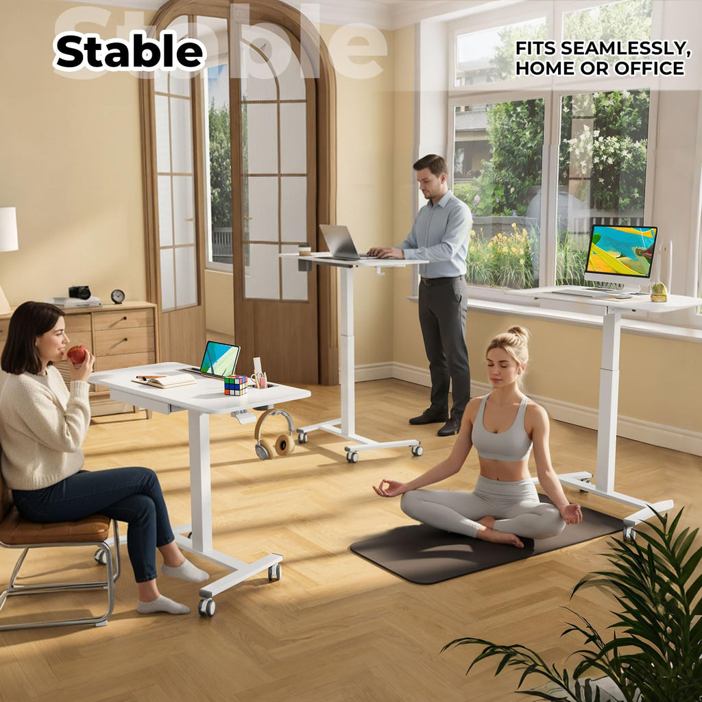 Small Mobile Standing Desk with Drawer, 23.6"x19.7" Rolling Laptop Cart on Wheels, Height Adjustable Sit Stand Computer Workstation with Storage for Compact Space, Black