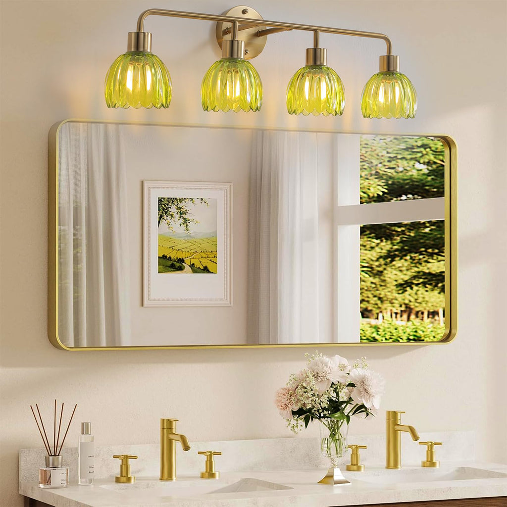 1-Light Gold Brass Bathroom Light Fixture,Wall Sconces set of 2,Brushed Gold Vanlity Light Over Mirror,Bathroom Vanity Light with White Tulip Glass Flower Shade,E26 Socket(Bulbs Not Included)