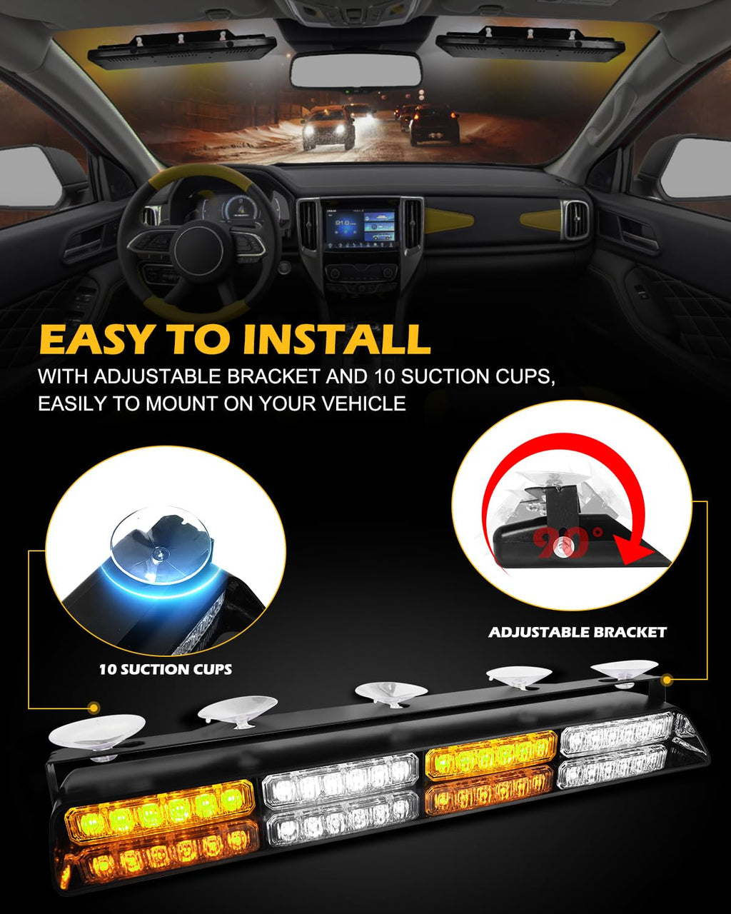 HLauto 604N Emergency Dash Strobe Lights: 2x16.8 inch Amber White Security Light w/Take Down, 48 LED Safety Flashing Warning Hazard Interior Windshield Light Bar for Truck Vehicle