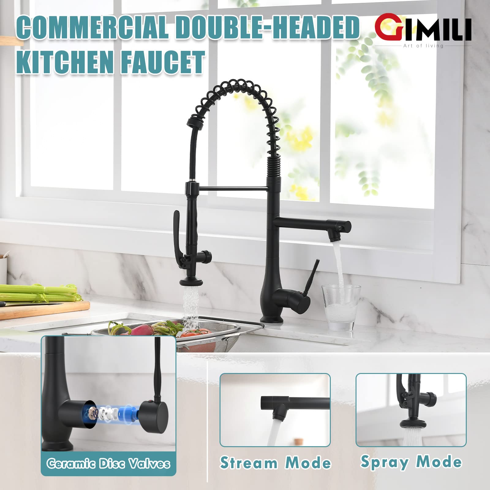 GIMILI Black and Gold Kitchen Faucet with Pull Down Sprayer Single Handle High Pressure Kitchen Sink Faucet Commercial Double-Headed Stainless Steel Kitchen Faucets