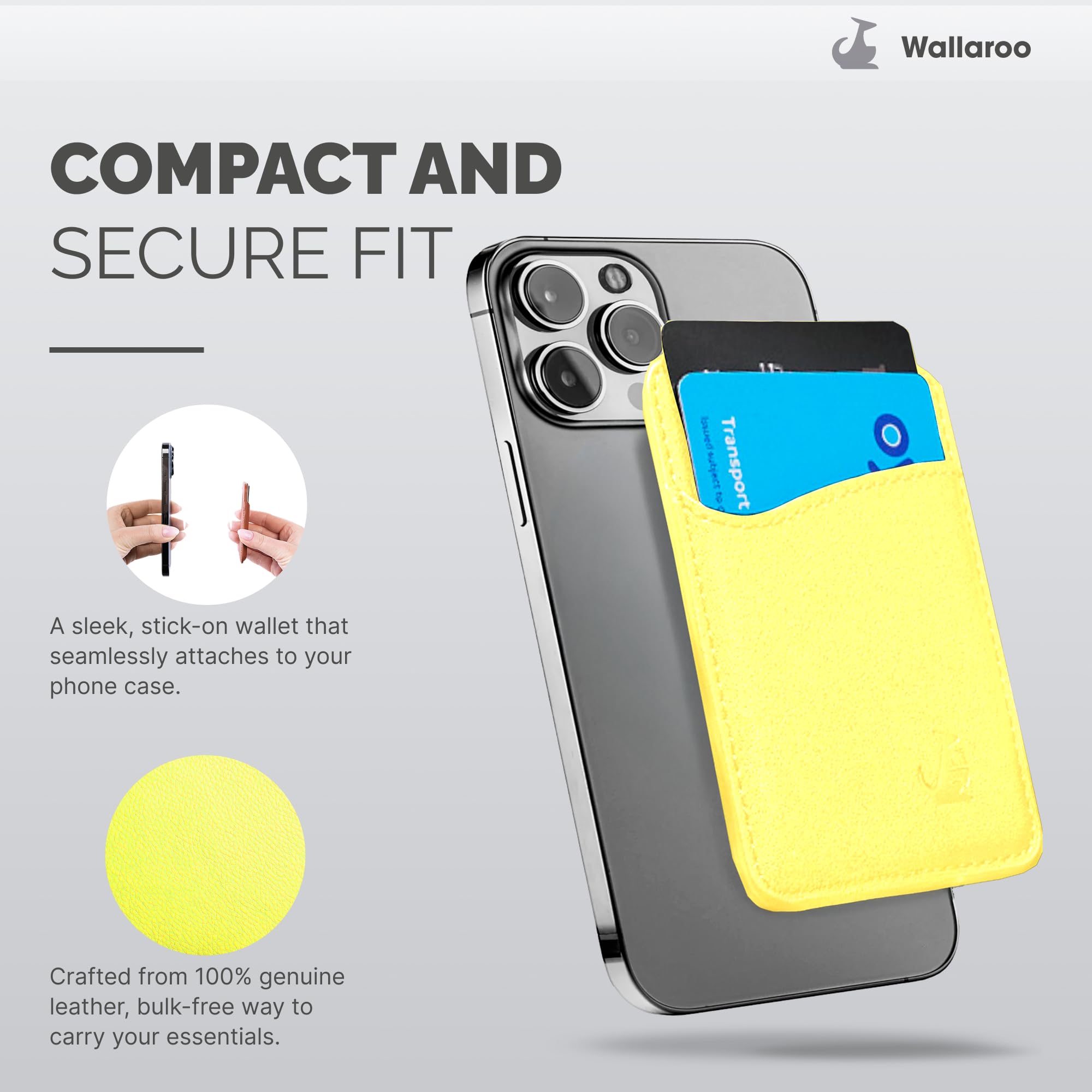 Wallaroo Premium Leather Cell Phone Wallet Stick On - Android and iPhone Wallet and Card Holder for Women and Men - Durable with Non-Slip Lining Secures Up to 3 Cards