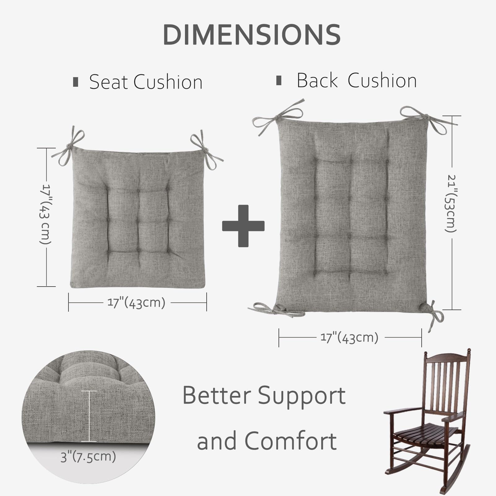 ELFJOY Rocking Chair Cushion Large Rocking Chair Pads with Ties Premium Tufted High Back and Seat Cushion 2 Piece Set Black