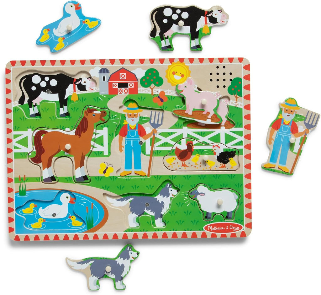 Melissa & Doug Old MacDonald's Farm Song Puzzle – 8-Piece Wooden Peg Puzzle with Light-Activated Sounds, Music Learning Toy for Toddlers and Preschoolers Ages 2+