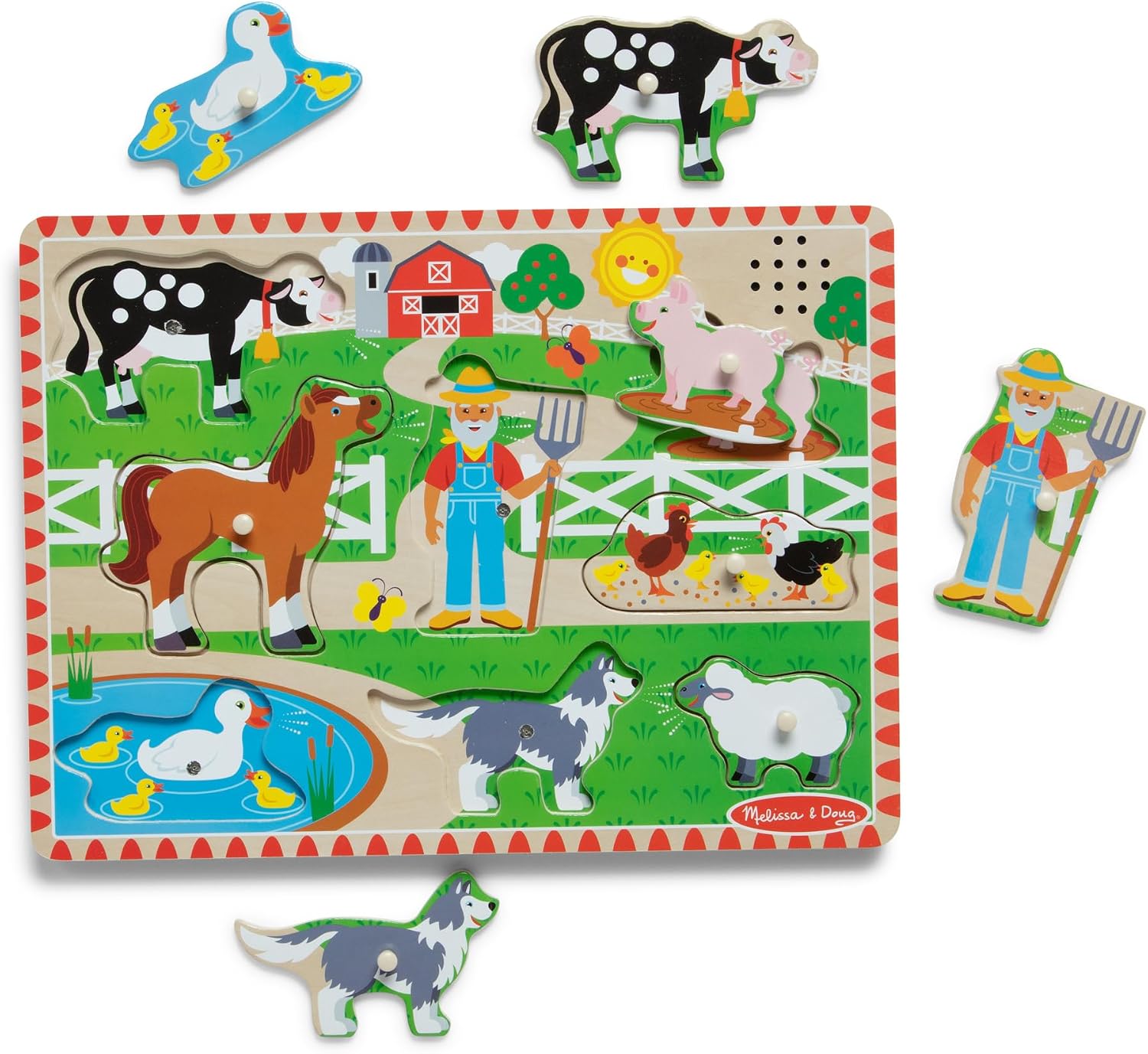 Melissa & Doug Old MacDonald's Farm Song Puzzle – 8-Piece Wooden Peg Puzzle with Light-Activated Sounds, Music Learning Toy for Toddlers and Preschoolers Ages 2+