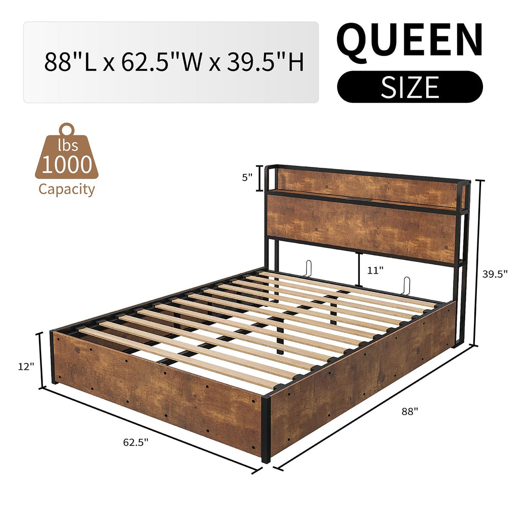 LUXOAK Full Size Lift Up Storage Bed, Wood Platform Bed Frame with Storage Headboard & Charging Station, No Box Spring Needed, Easy Assembly, Black
