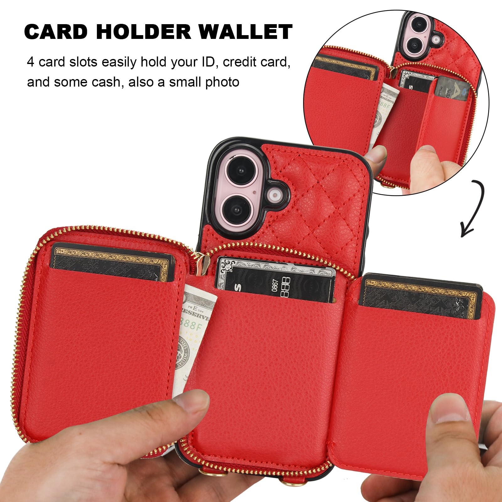 Bocasal Crossbody Wallet Case for iPhone 16, RFID Blocking PU Leather Zipper Handbag Purse Flip Cover, Kickstand Folio Case with Card Slots Holder Wrist Strap Lanyard 5G 6.1 Inch (Black)