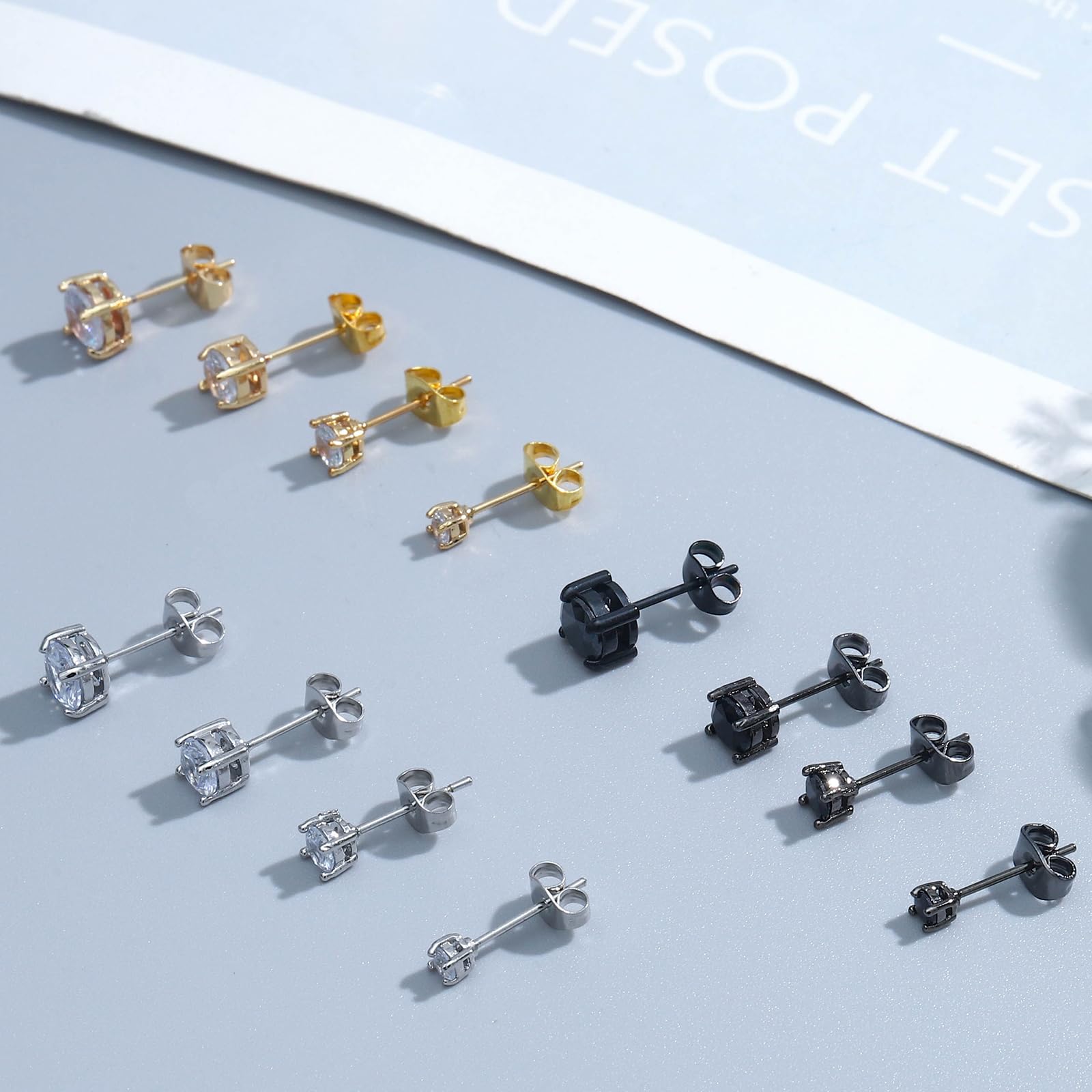 NEWITIN 12 Pairs Stainless Steel Stud Earrings for Men Hypoallergenic Earring Unisex Studs Inlaid Cubic Zirconia Men Earrings Hoop CZ Stud Earring Set for Women
