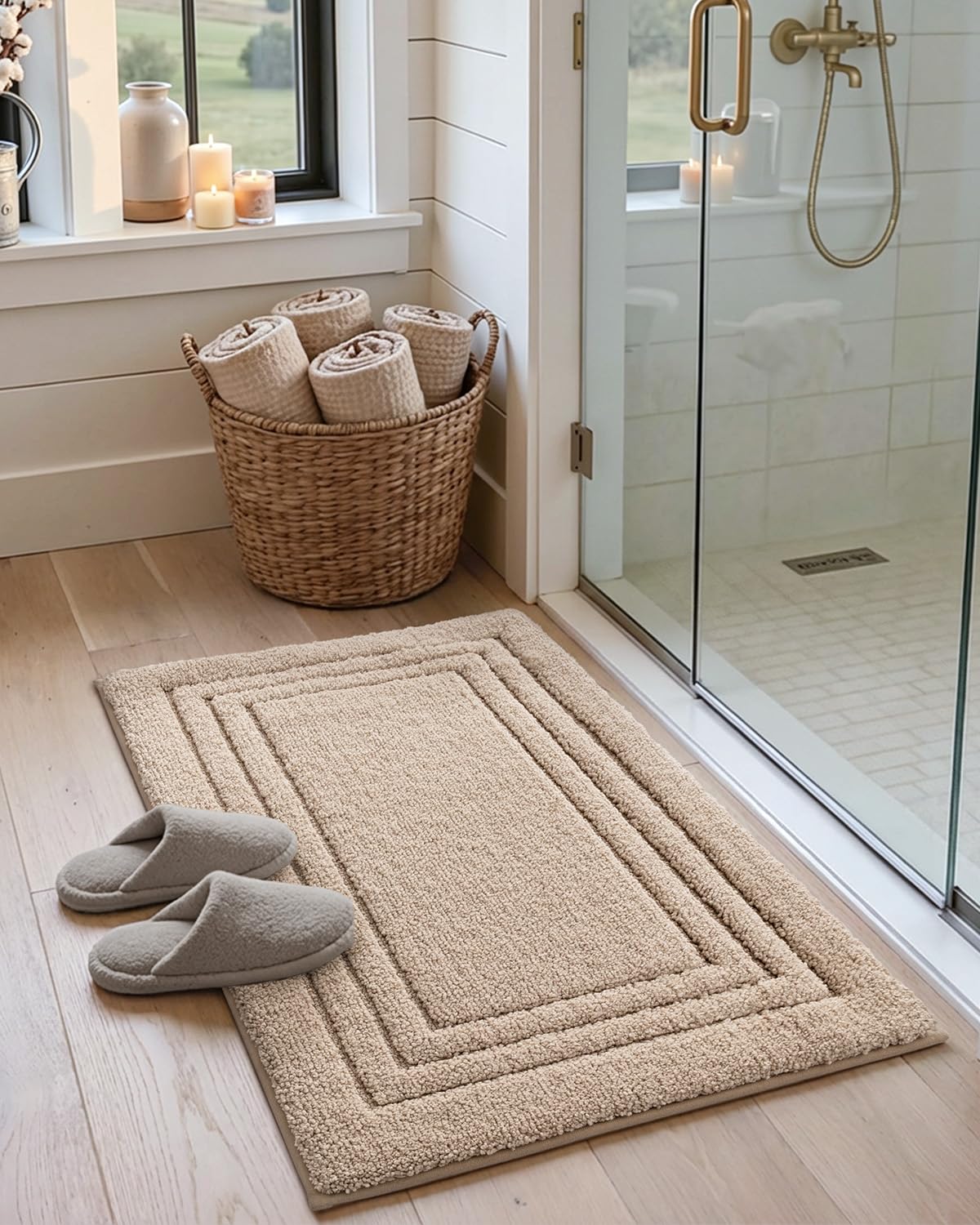 DEXI Bath Mats Bathroom Rug, 32x20 Non Slip Bathroom Rugs Washable, Absorbent Bathmat Quick Dry for Shower Floor Sink, Beige