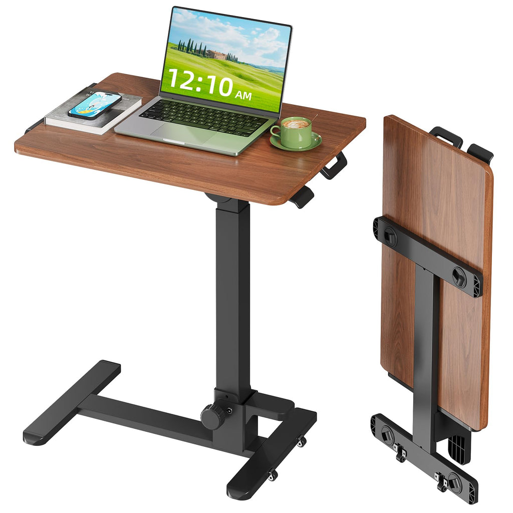 Foldable Mobile Standing Desk, 27 Inch Small Rolling Laptop Cart Height Adjustment, 90° Tiltable Sofaside Table, No Assembly Needed Portable Computer Workstation, Black