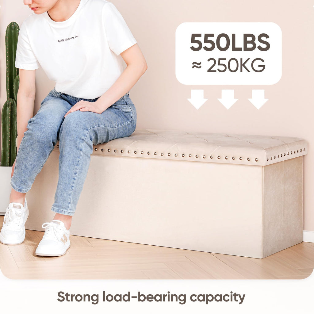 PINPLUS Folding Storage Ottoman Bench, Folding Velvet Tuffed Foot Rest Stool with Rivet, End of Bed Bench Large Long Shoes Chest for Bedroom Entryway Living Room, Beige, 41.3 Inches