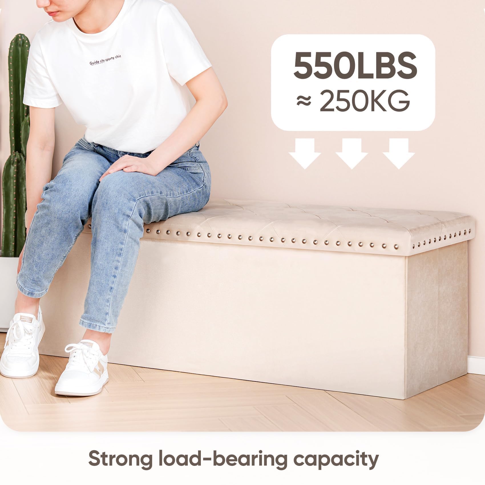 PINPLUS Folding Storage Ottoman Bench, Folding Velvet Tuffed Foot Rest Stool with Rivet, End of Bed Bench Large Long Shoes Chest for Bedroom Entryway Living Room, Beige, 41.3 Inches