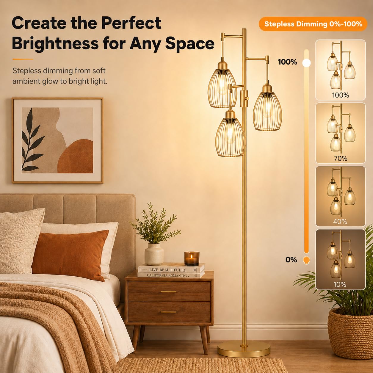 Dimmable Floor Lamp, 3 x 800LM LED Edison Bulbs Included, Farmhouse Industrial Floor Lamp Standing Tree Lamp with Elegant Teardrop Cage Tall Lamps for Living Room Bedroom Office Dining Room-Brass