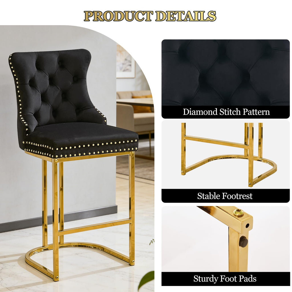 UVV Counter Height Bar Stools Set of 1, 26" Modern Barstools with Back, Velvet Upholstery Counter Chairs with Metal Legs for Kitchen Island, Bar, Counter, Beige