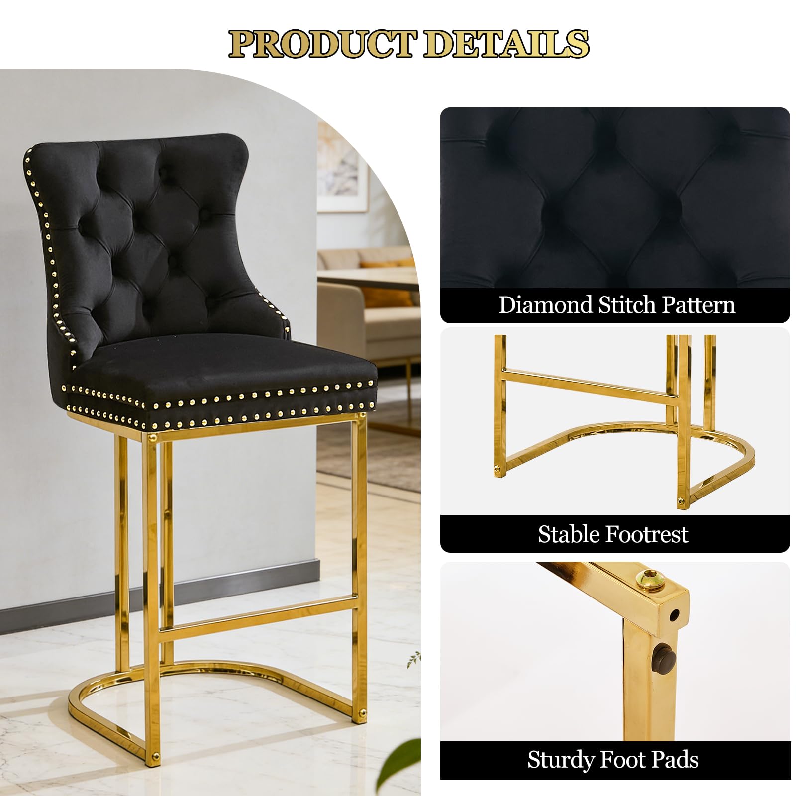 UVV Counter Height Bar Stools Set of 1, 26" Modern Barstools with Back, Velvet Upholstery Counter Chairs with Metal Legs for Kitchen Island, Bar, Counter, Beige