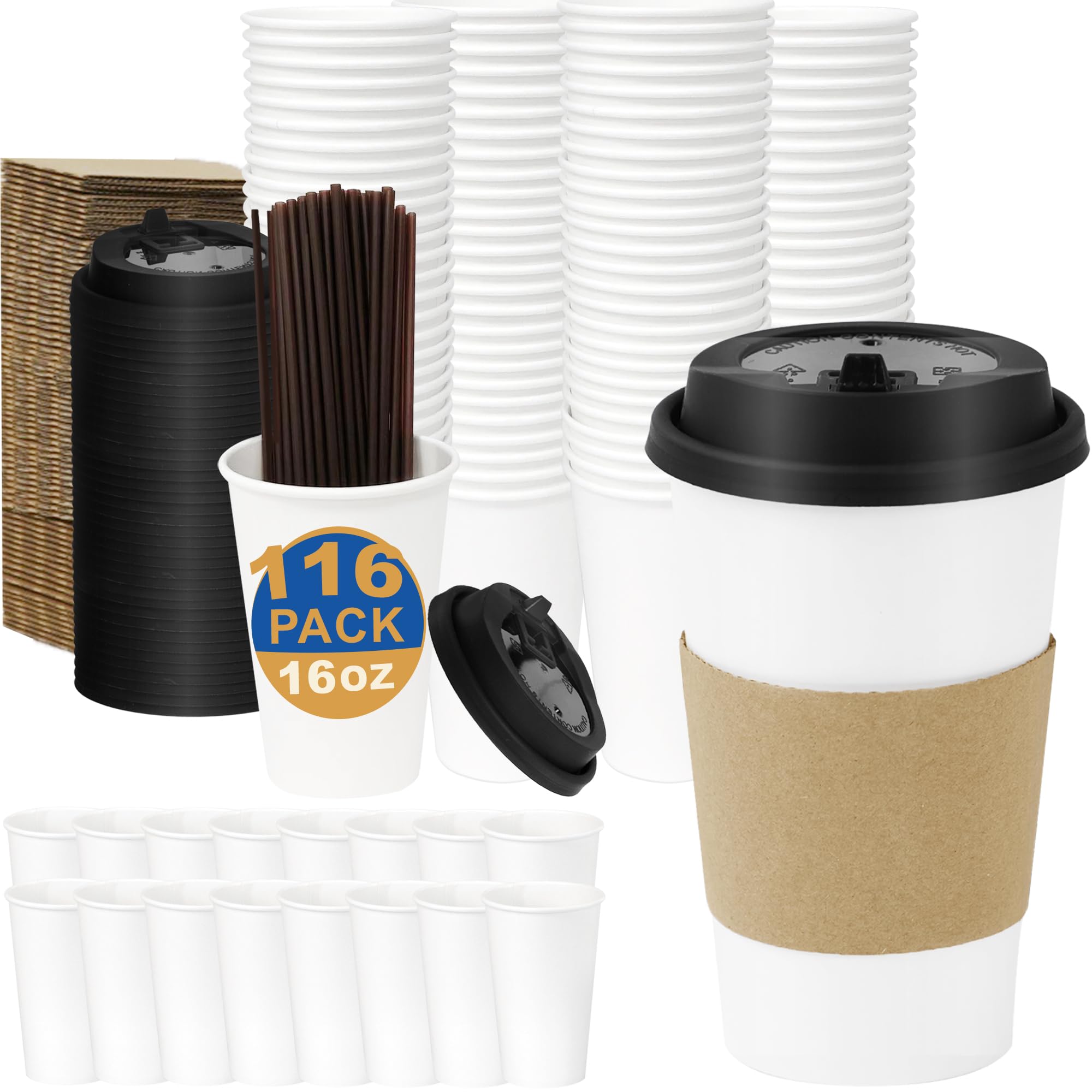 16 oz 100 Pack Corrugated Ripple Wall Disposable Coffee Cups with Lids and Straws, Heavy Duty Insulated Cups for Hot Beverage or Cold Drinks, Bulk for Restaurants, Offices, Coffee Shops(Black)