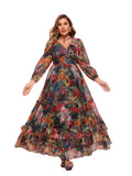 Spring Summer 2024 Plus Size Womens Dresses V Neck Casual Elegant Long Sleeve Floral Print Maxi Dress