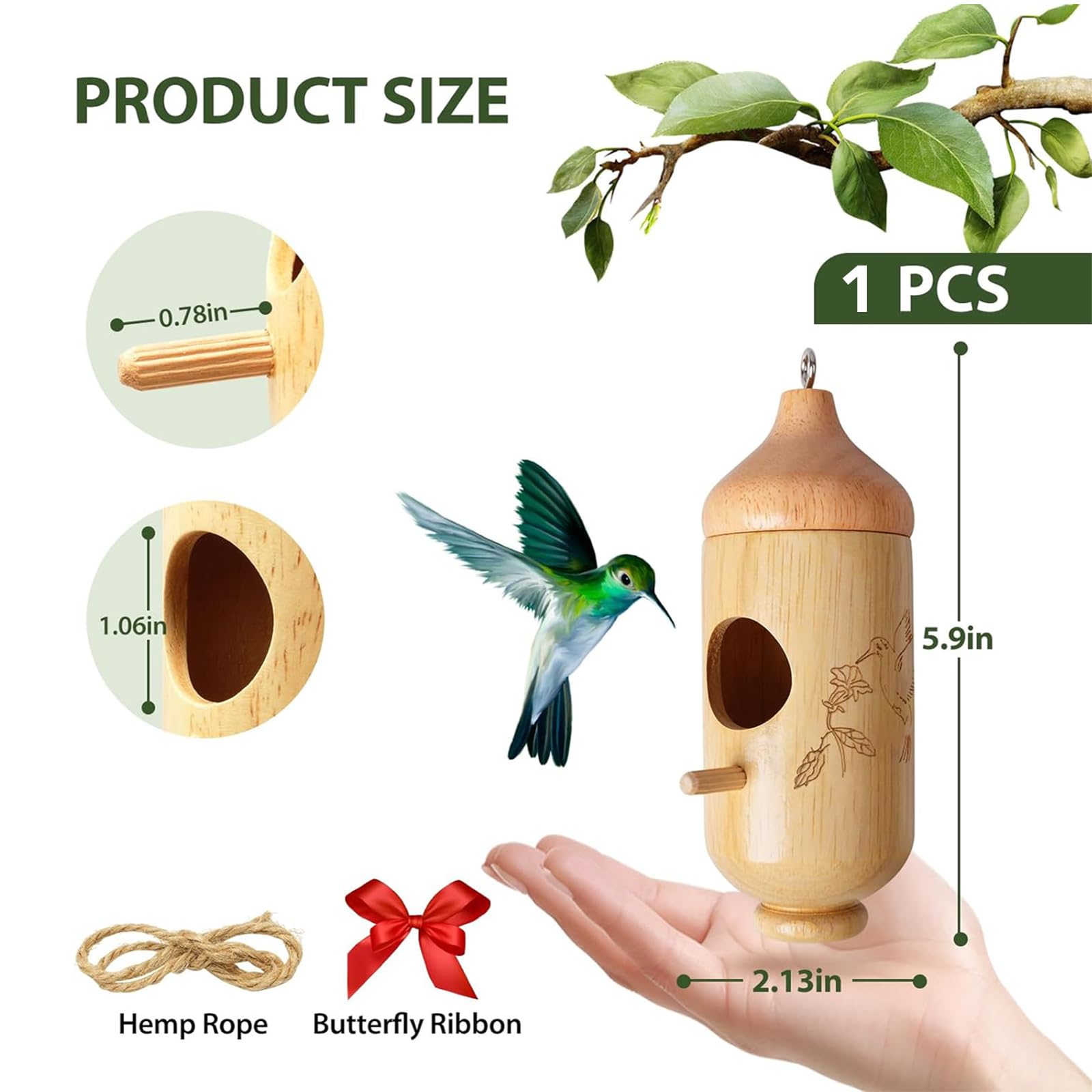 Hummingbird House, Small Hummingbird Houses for Outside, Wooden Bird House with Bow, String, Cute Gardening Gifts Home Decoration