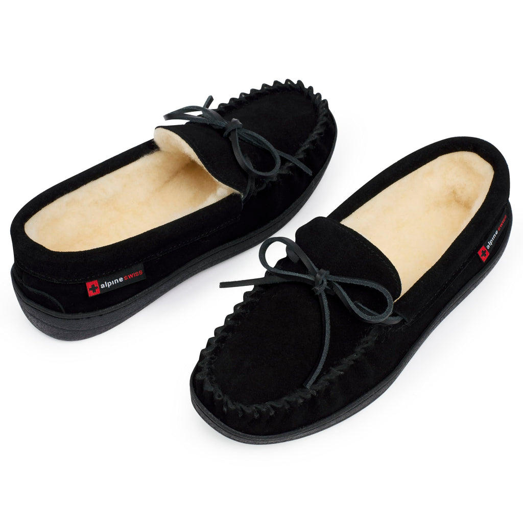 Alpine Swiss Sabine Womens Moccasin Slippers Genuine Suede House Shoe Memory Foam Insole Plush Faux Shearling Fur Indoor Outdoor Anti-Slip Rubber Sole