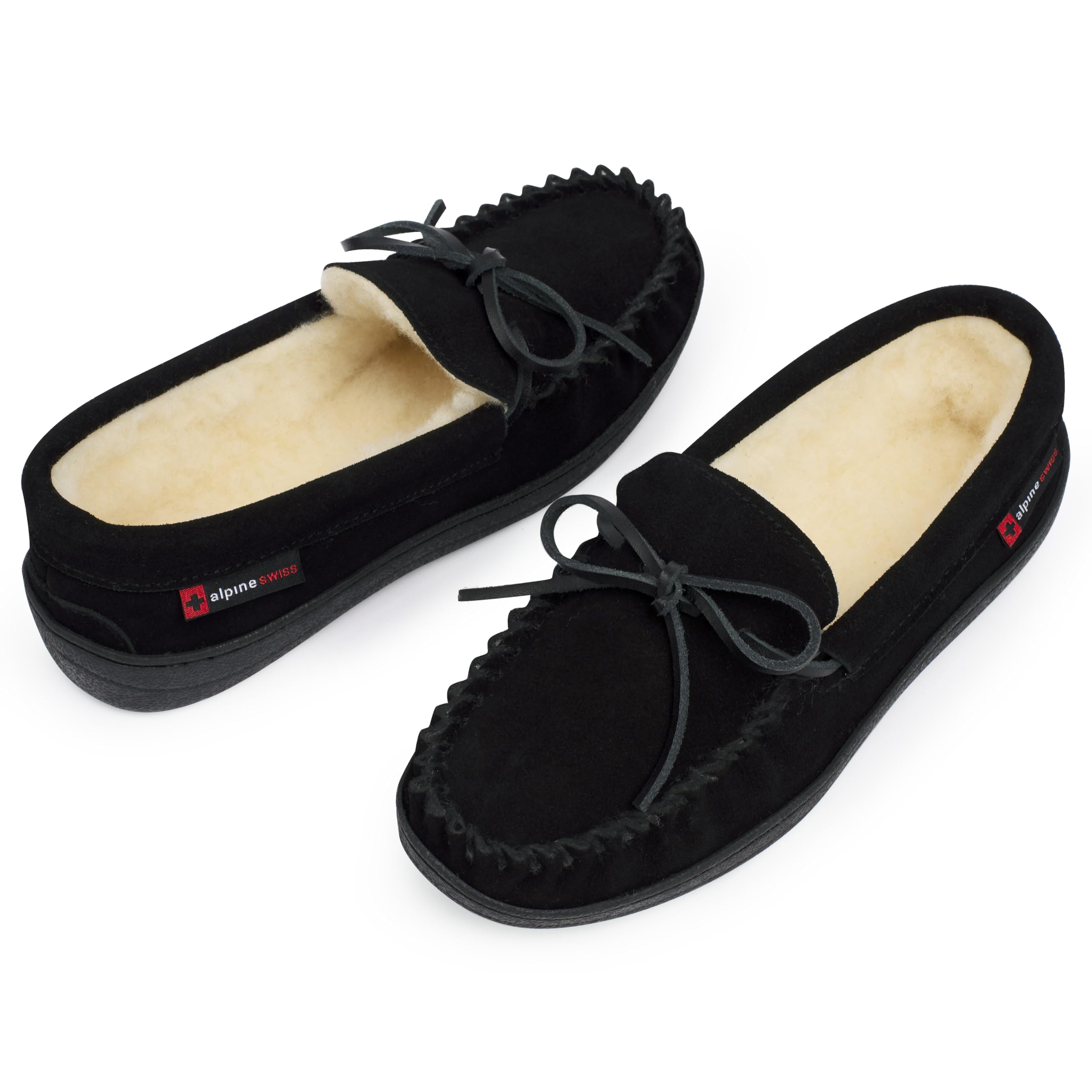 Alpine Swiss Sabine Womens Moccasin Slippers Genuine Suede House Shoe Memory Foam Insole Plush Faux Shearling Fur Indoor Outdoor Anti-Slip Rubber Sole
