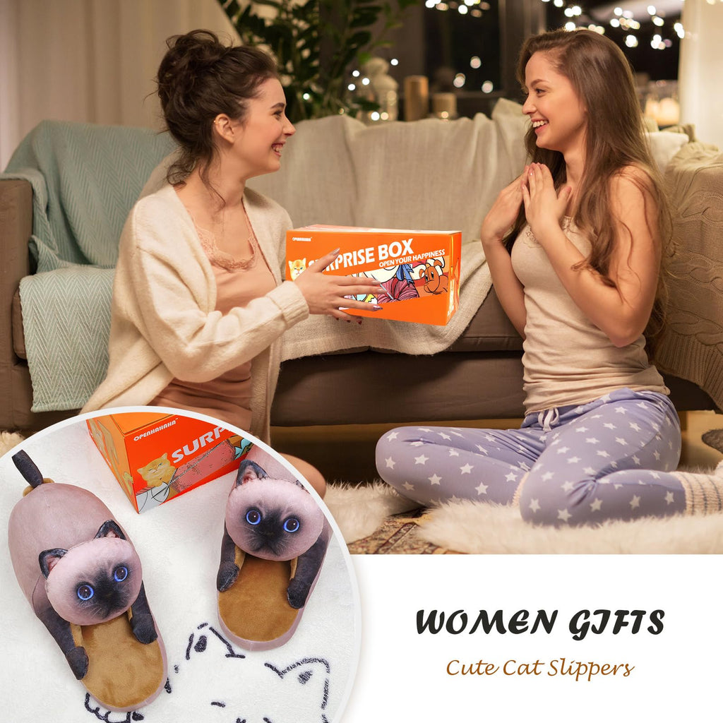 Funny Cat Slippers for Women,Fuzzy Animal Indoor House Shoes with Soft Memory Foam,Comfy Plush Warm Slip-on Slippers,Cat Gifts for Cat Lover