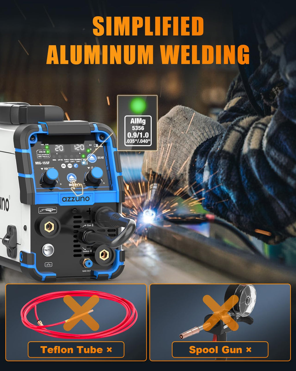AZZUNO MIG Welder Machine 110V/220V, 155Amp 5-in-1 Gas MIG/Aluminum MIG/Gasless Flux MIG/Lift TIG/Stick Welding Machine, Wire Feed Welder