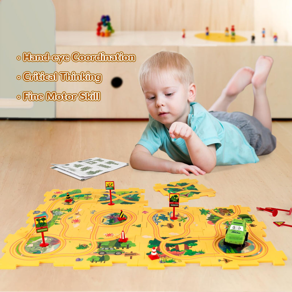 Puzzle Track Car Play Set with 12 Dinosaur Figures, Plastic Railcar Floor Puzzles for Kids Ages 3-5 with Vehicles, Toys Gifts for 3 4 5 6 Year Old Boys