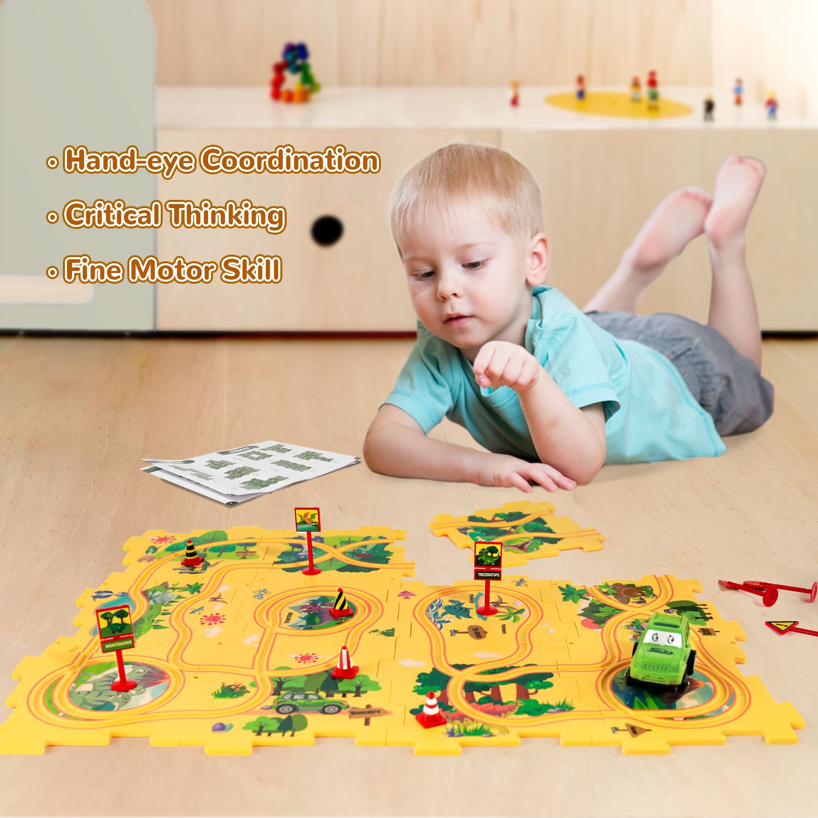 Puzzle Track Car Play Set with 12 Dinosaur Figures, Plastic Railcar Floor Puzzles for Kids Ages 3-5 with Vehicles, Toys Gifts for 3 4 5 6 Year Old Boys