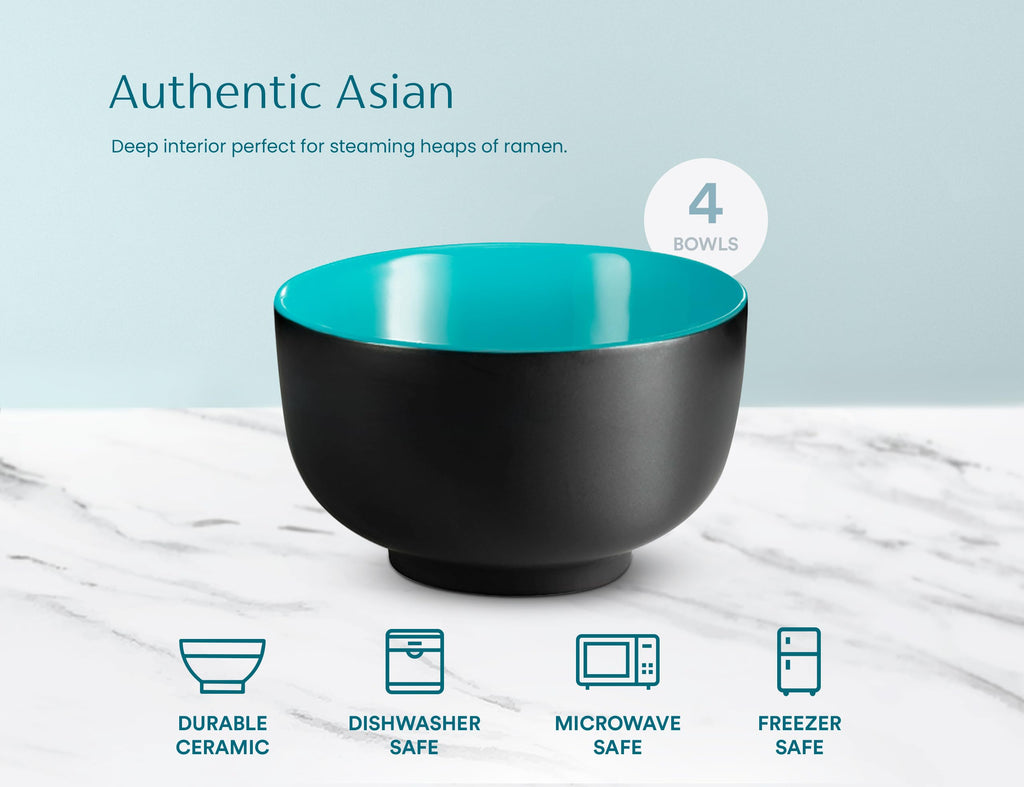 KooK Ramen Bowl, Japanese Bowls, Noodle Bowls, Large Soup Bowl, Ceramic, Large Capacity, For Ramen, Pho, Udon, Soba, Microwave and Dishwasher Safe, 34 oz, Set of 4 (Black/Navy)