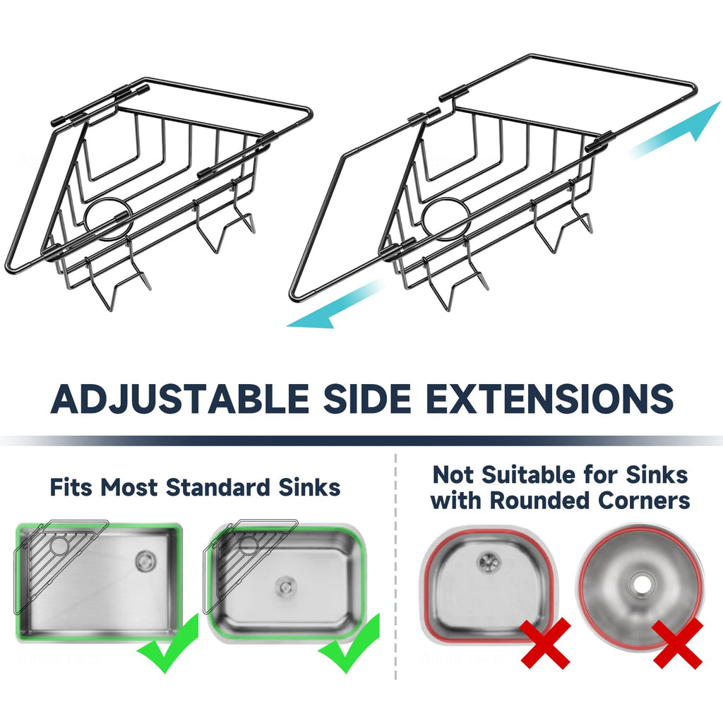 NiHome Extendable Arm Stainless Steel Kitchen Sink Corner Caddy, Easy Install Space-Saving Adjustable Sponge Holder, Non-Slip Rust-Resistant for Brushes, Soap, Sponges (Black)