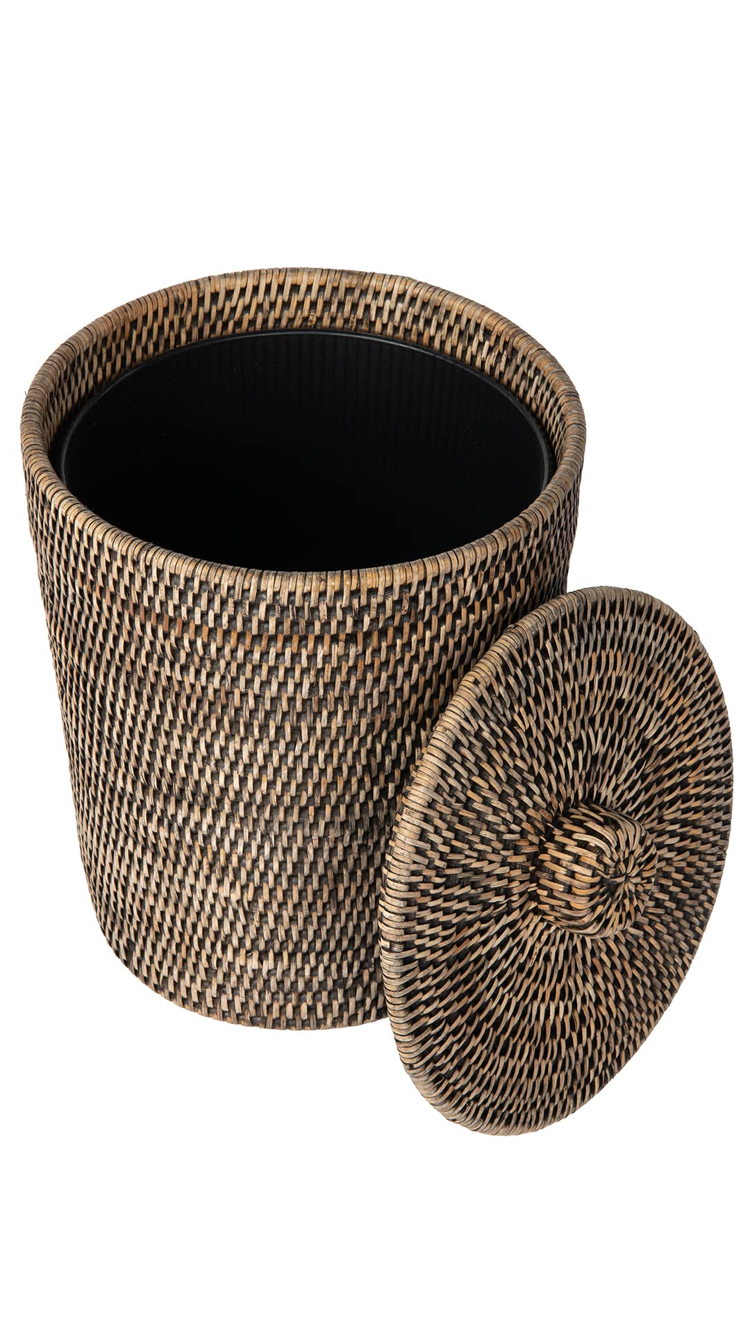 Kouboo La Jolla Rattan Round Waste Basket with Lid & Plastic Insert Black Wash