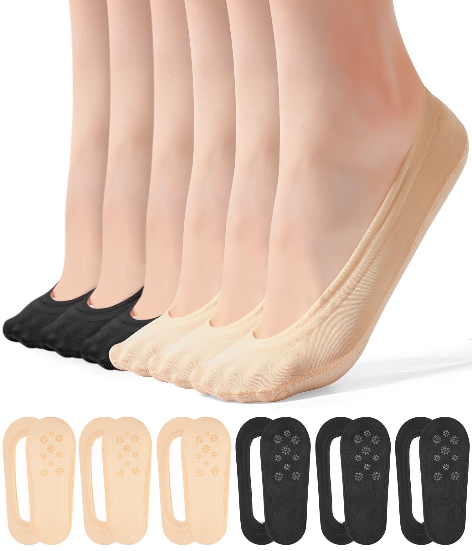 6 Pairs No Show Socks Womens Ultra Low Cut Nylon Thin Socks for Flat Invisible Non Slip Liner Footies