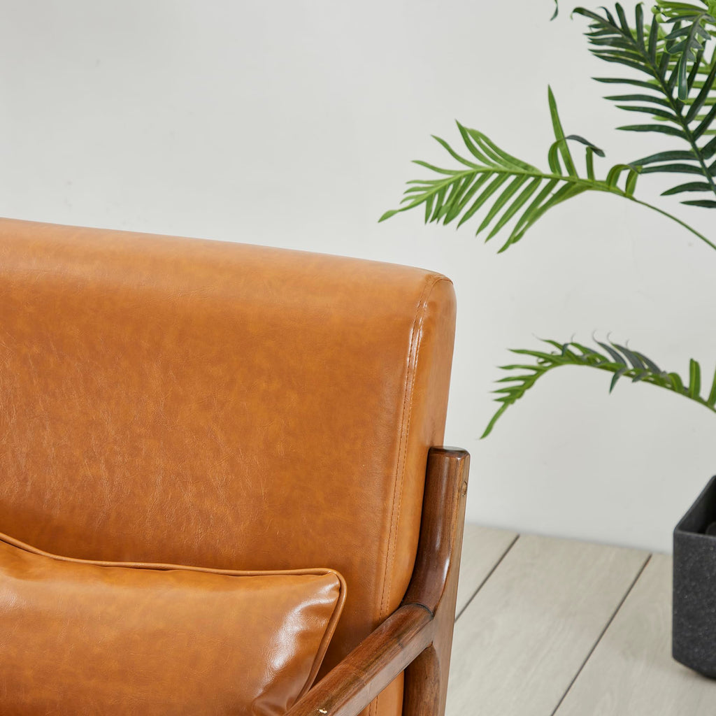 Glitzhome 2 Set Mid Century Black Accent Armchair, Single Reading Armchair PU Leather Lounge Chair with Walnut Ruberwood Frame