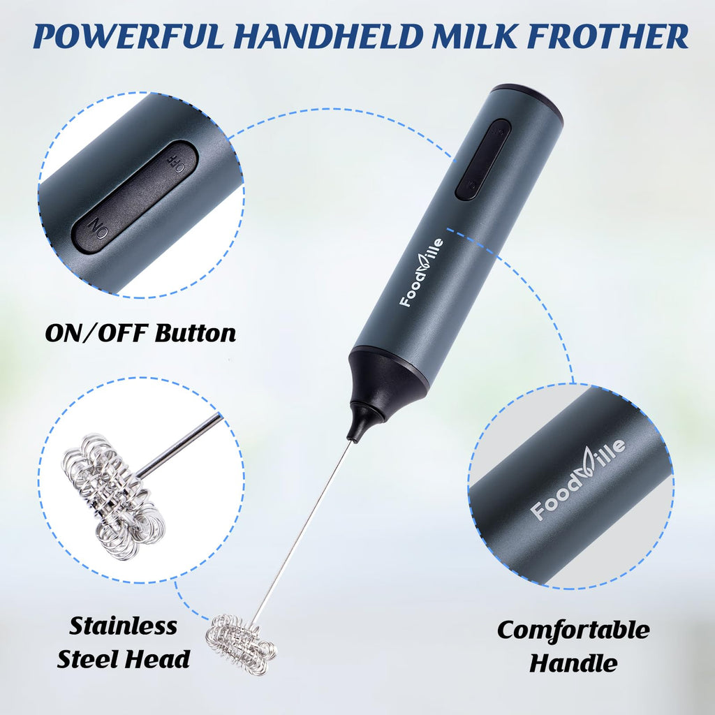 FoodVille MF05 Rechargeable Milk Frother USB Charging Handheld Foam Maker with Stainless Balloon Whisk for Cappuccino, Latte, Bulletproof Coffee, Keto Diet, Protein Powder, Matcha (Black)