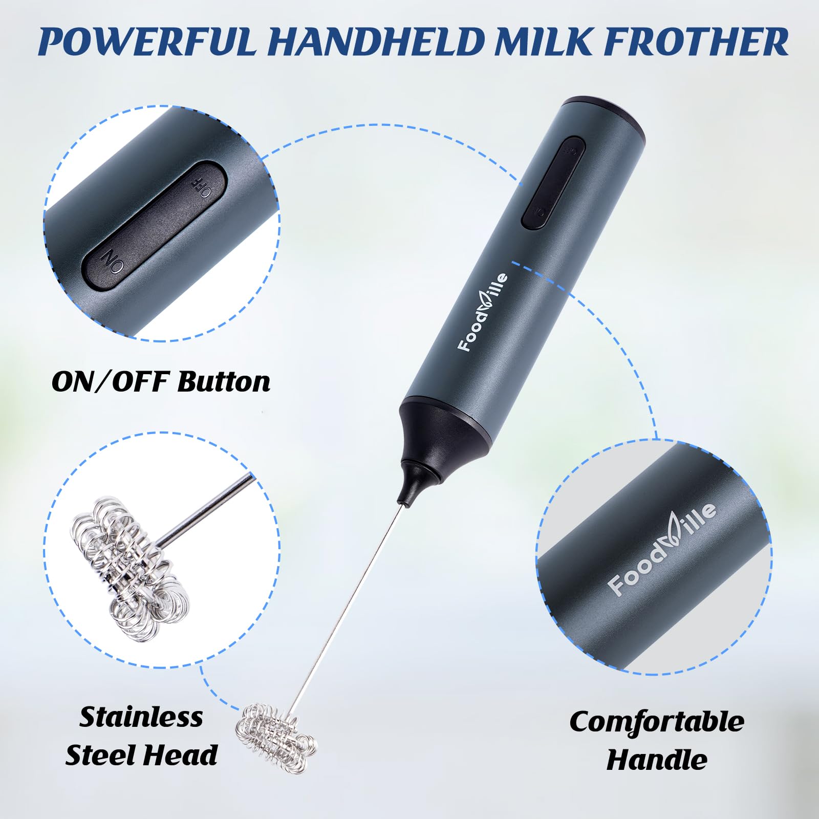 FoodVille MF05 Rechargeable Milk Frother USB Charging Handheld Foam Maker with Stainless Balloon Whisk for Cappuccino, Latte, Bulletproof Coffee, Keto Diet, Protein Powder, Matcha (Black)
