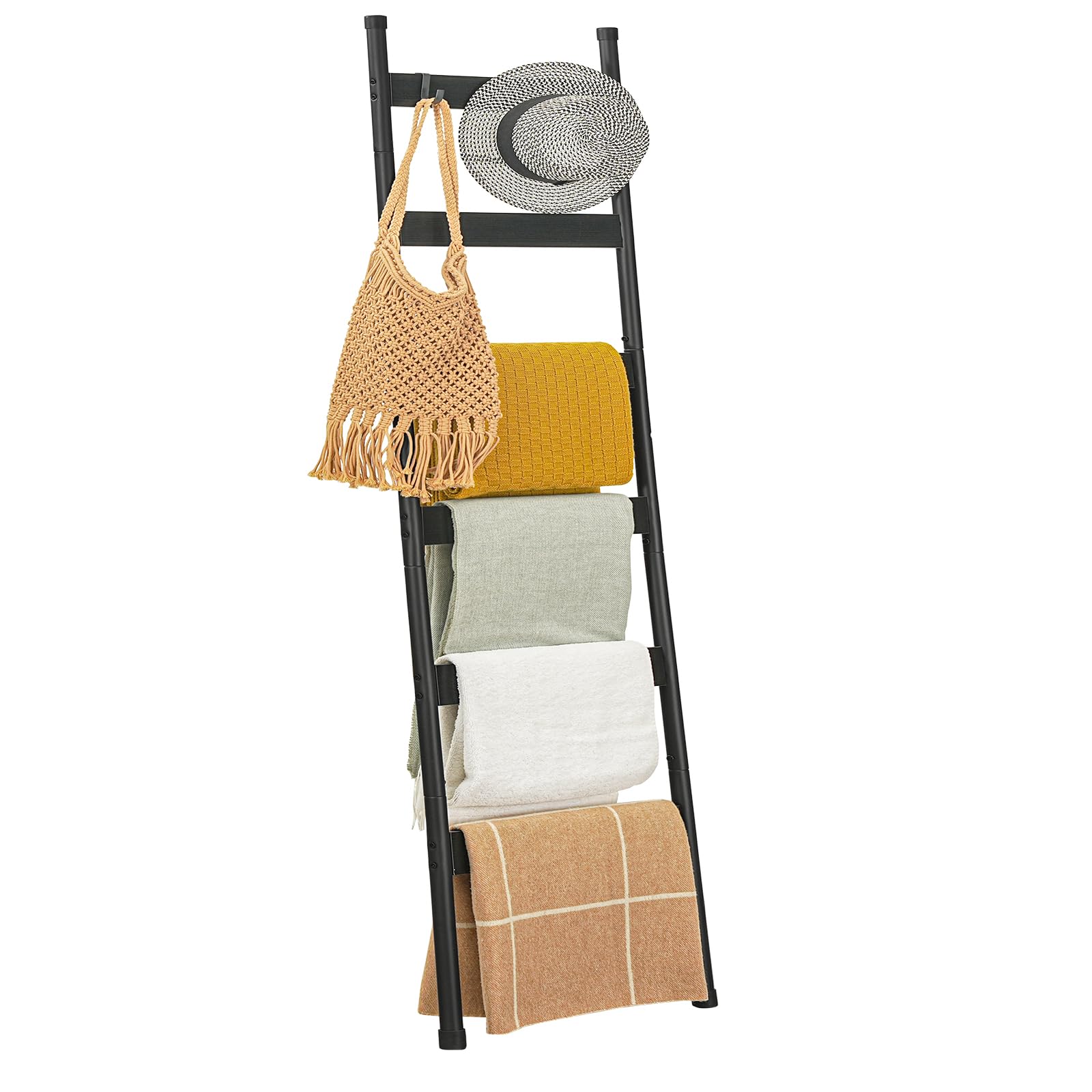 HOOBRO Blanket Ladder, 5-Tier Towel Rack with Hooks, Wall-Leaning Blanket Rack, Decorative Display Ladder Shelf, Scarves, Industrial, Living Room, Bedroom, Black BB52CJ01