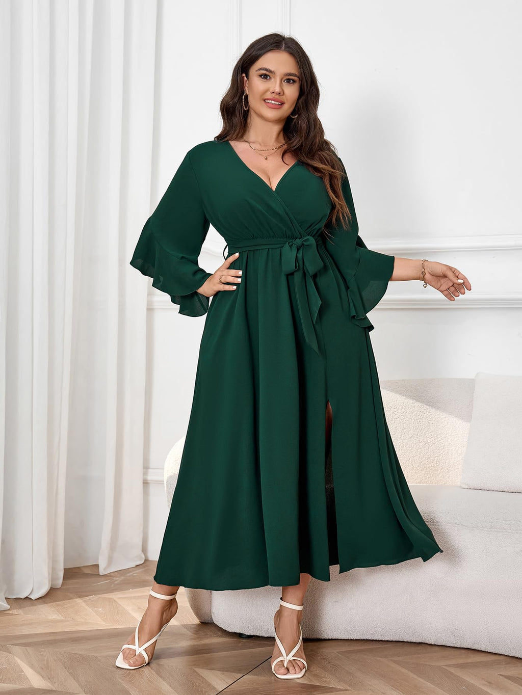 Womens Plus Size Dress Wedding Guest Cocktail Ruffle Half Sleeve Wrap V Neck Slit A Line Maxi Dresses with Belt