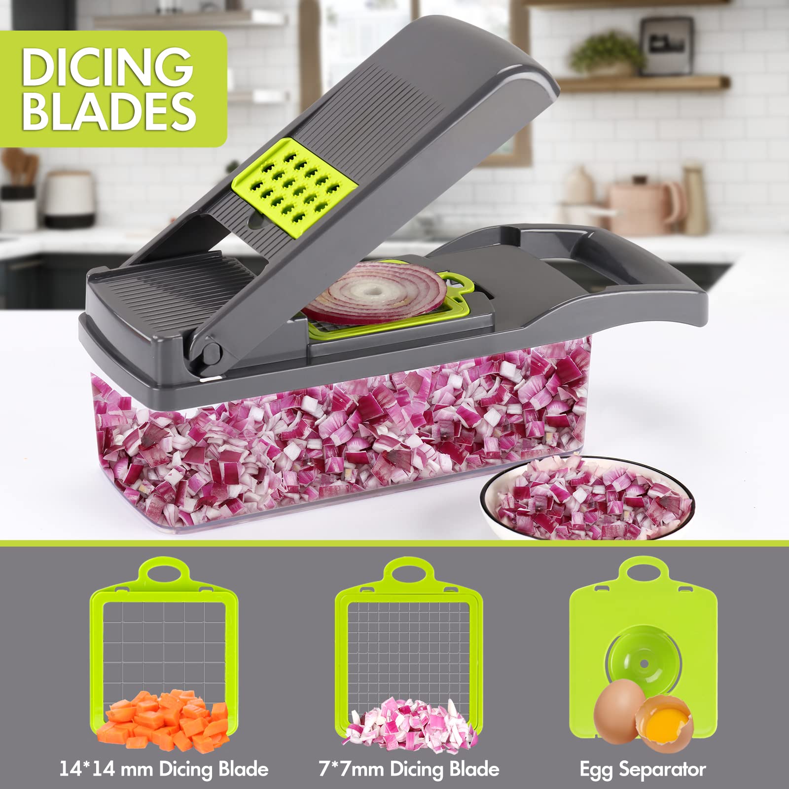 Ourokhome Vegetable Chopper Onion Cutter, 12 in 1 Professional Mandoline Slicer for Kitchen, Multifunctional Food Chopper for Potato, Tomato, Veggie with Strainer Basket, 8 Blades, Blue