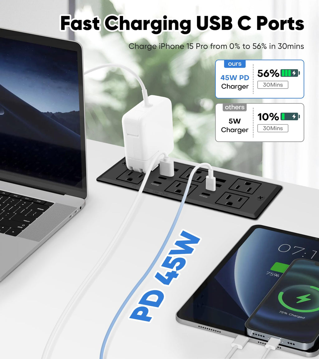 45W Recessed Power Strip, Flush Mounted Surge Protector(1200J) with 6 AC Outlets & 8 USB Ports(4 USB-C), 45°Flat Plug, 6FT Flat Power Cord(Black)