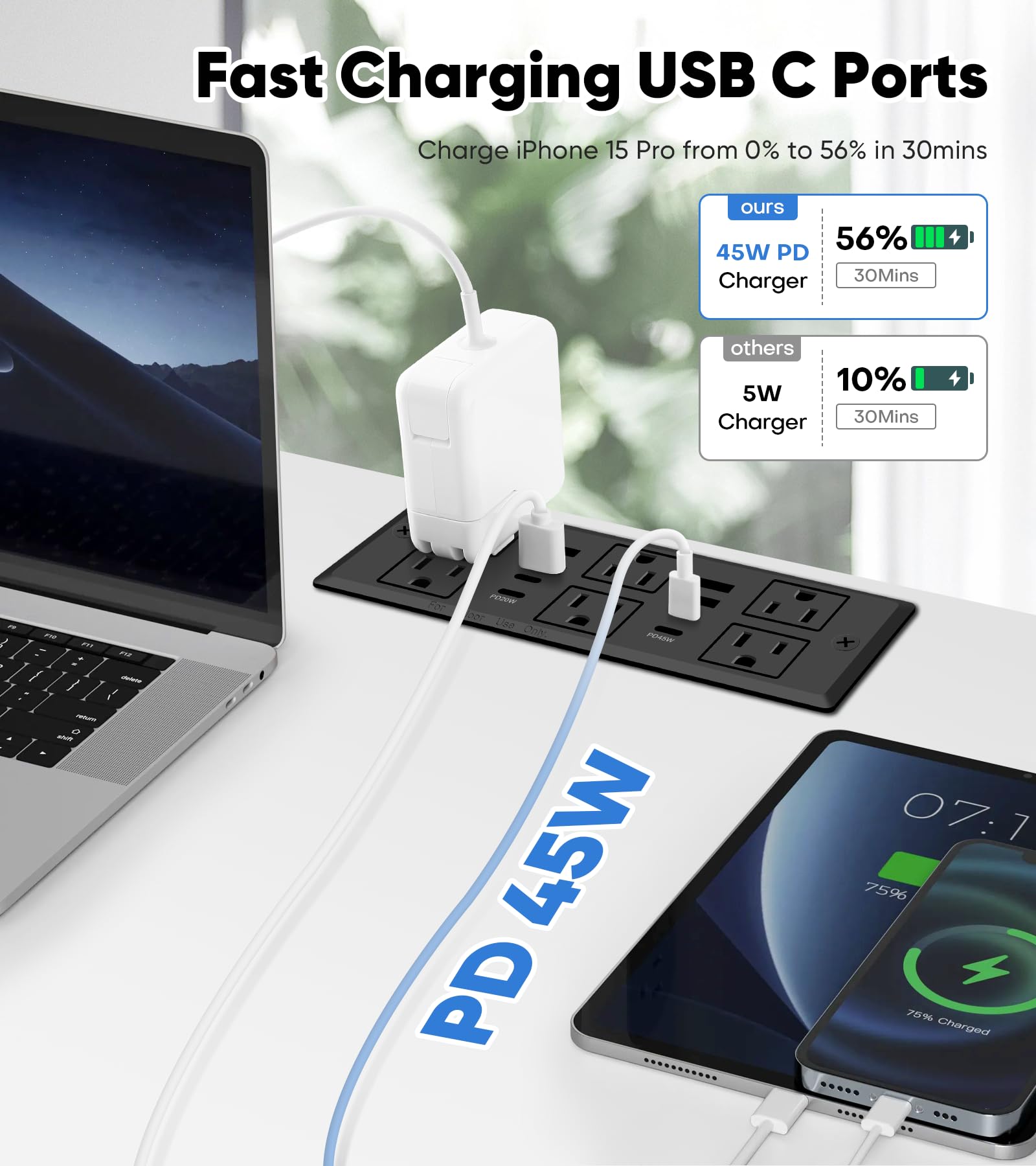 45W Recessed Power Strip, Flush Mounted Surge Protector(1200J) with 6 AC Outlets & 8 USB Ports(4 USB-C), 45°Flat Plug, 6FT Flat Power Cord(Black)