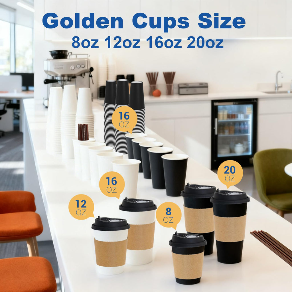 16 oz 100 Pack Corrugated Ripple Wall Disposable Coffee Cups with Lids and Straws, Heavy Duty Insulated Cups for Hot Beverage or Cold Drinks, Bulk for Restaurants, Offices, Coffee Shops(Black)