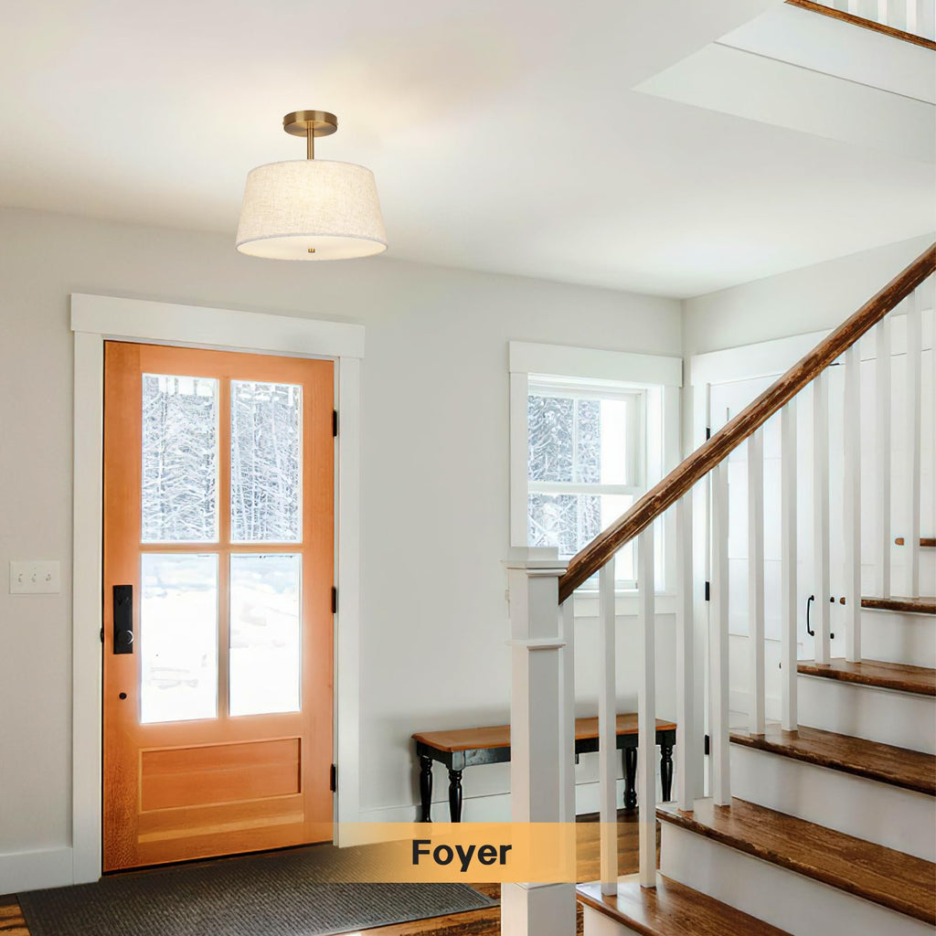 CALOKES Semi Flush Mount Ceiling Light, 11.8" Modern 3-Light Fixture with Petal-Shaped Cream White Fabric Shade and Golden Support Arm, Ideal for Bedroom, Kitchen, Living Room, Hallway, and Entryway