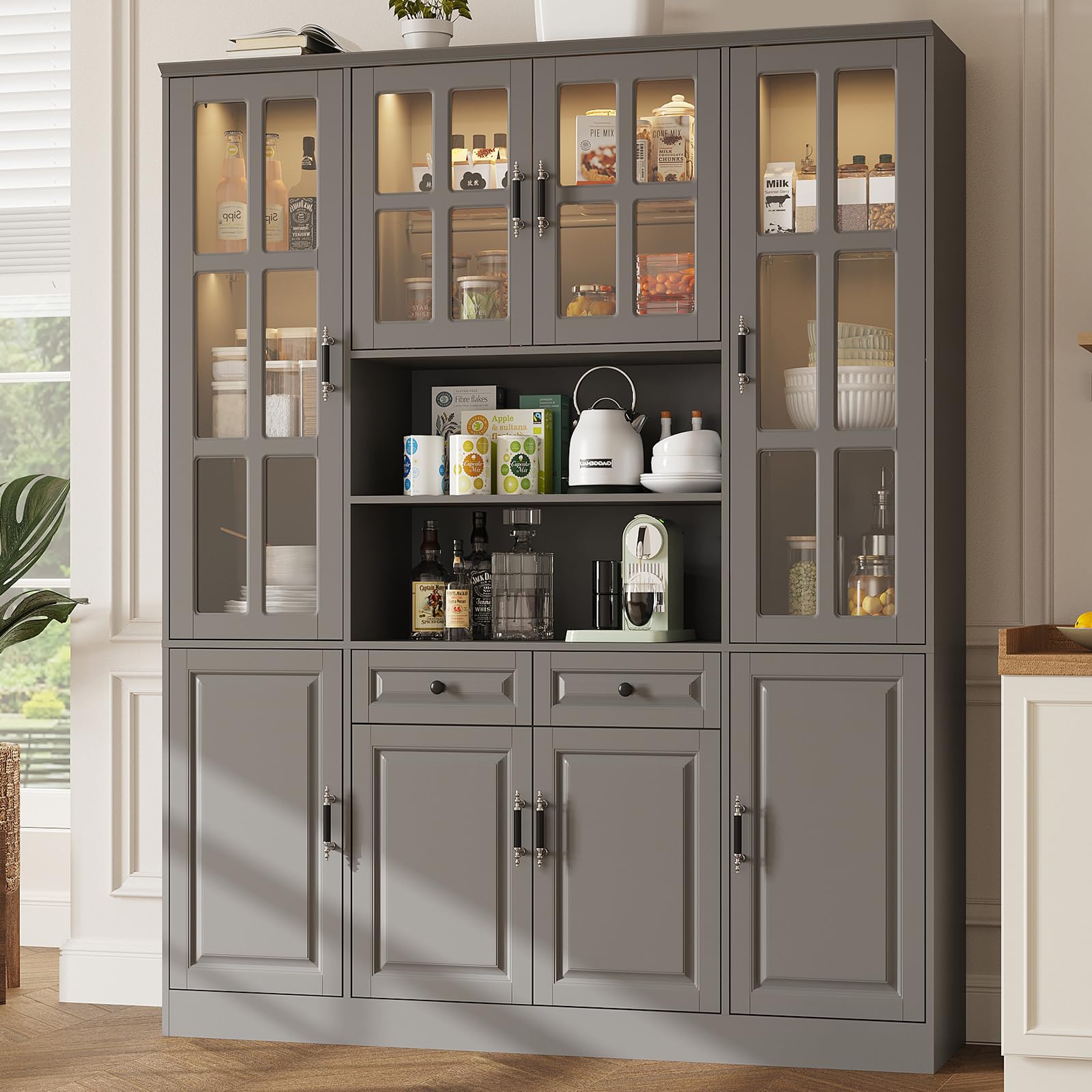 MEISSALIVVE Kitchen Pantry Storage Cabinet with LED Lights, 78.7" Tall with Glass Doors & Drawers, Freestanding Utility Cabinet, Black (31.5" W x 15.7" D)