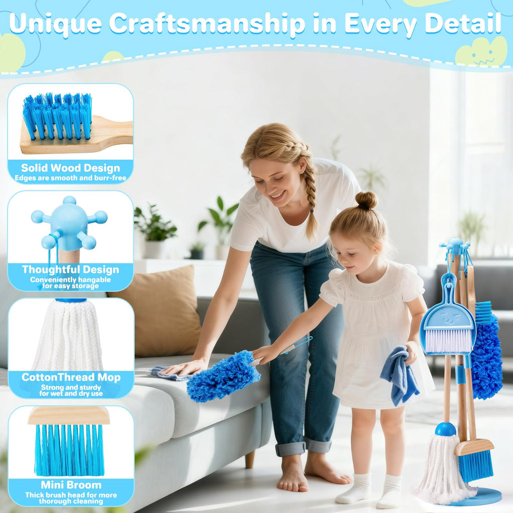 WHOHOLL Wooden Kids Cleaning Toy Set Toddler Broom and Dustpan Set for Housekeeping 9 Pcs Broom and Mop Set for Toddlers 3-6, Cleaning Toys with Sponge, Christmas Birthday Gifts for Boys Girls