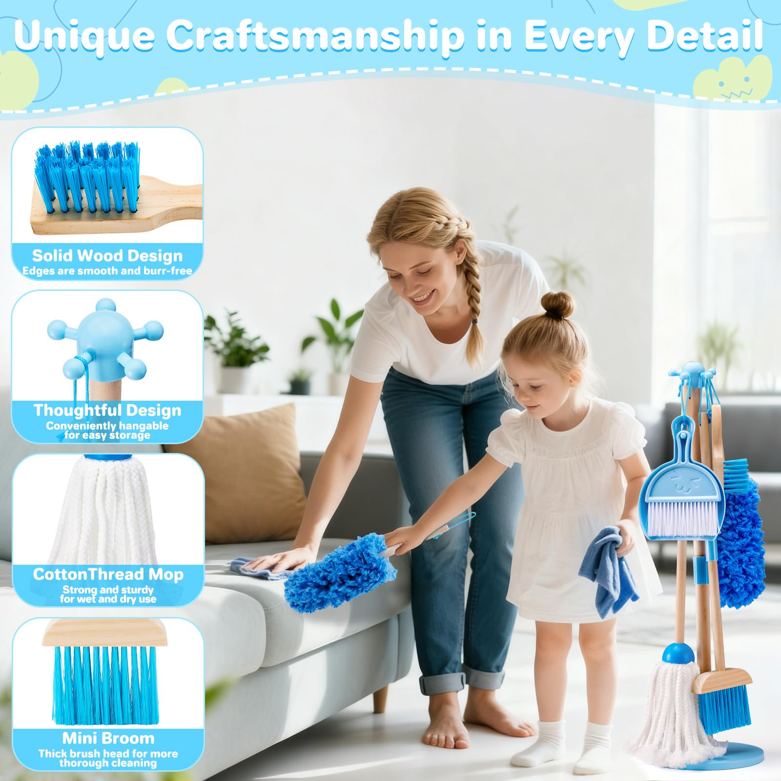 WHOHOLL Wooden Kids Cleaning Toy Set Toddler Broom and Dustpan Set for Housekeeping 9 Pcs Broom and Mop Set for Toddlers 3-6, Cleaning Toys with Sponge, Christmas Birthday Gifts for Boys Girls