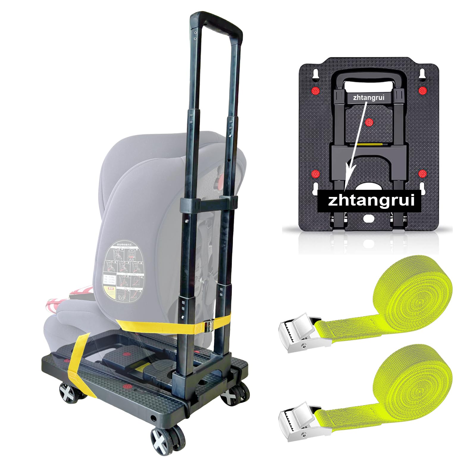 Car Seat Dolly for Airport - CarSeat Roller Cart Wheels for Airplane - Car Seat Travel Cart Carrier with Straps Foldable Luggage Trolley Folding Hand Truck (Black)