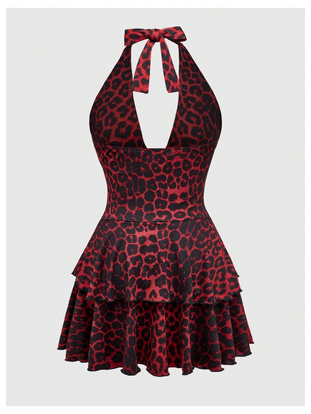 SOLY HUX Women's Plus Size Leopard Print Halter Dress Y2k Gothic Deep V Cheetah Tie Backless Layered Ruffle Mini Dresses