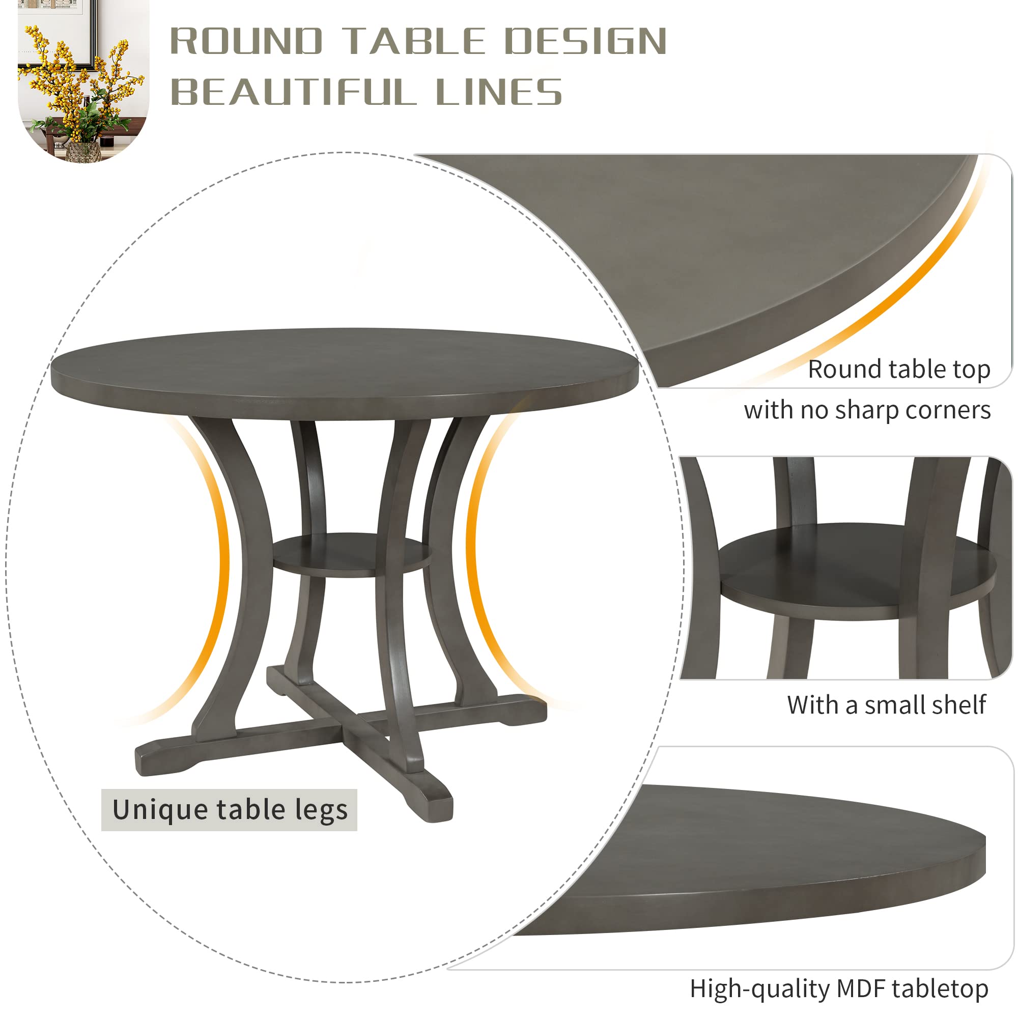 LUMISOL 5-Piece Dining Table Set for 4, Farmhouse Round Kitchen Table Set with Special Shaped Legs and 4 Upholstered Chairs for Kitchen, Dining Room, Small Space, Antique Blue
