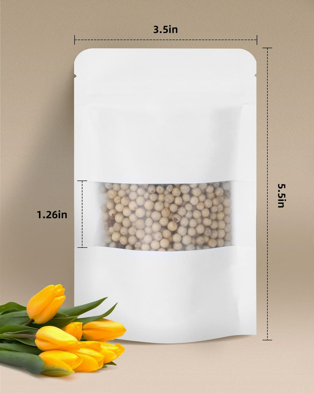 50pcs Kraft Bags with Window 3.5x5.5 Inches Brown Reusable Sealable Zip Lock Food Storage Stand up Paper Pouches for Home or Business