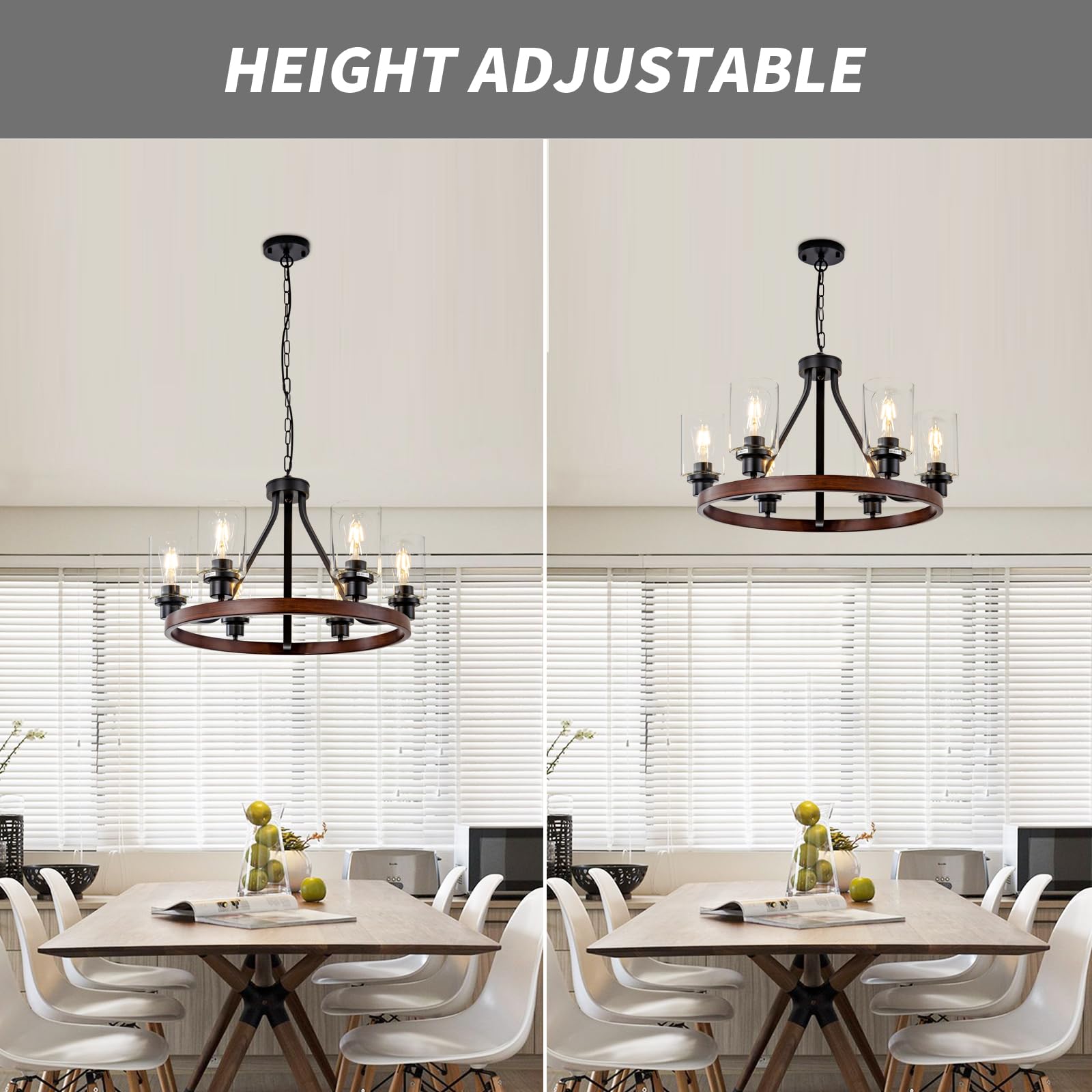 Lanhall 6-Light Modern Dining Room Light Fixture Brushed Nickel Kitchen Chandelier Ceiling Hanging Pendant Lighting with Glass Shade for Living Room Bedroom Entryway Adjustable Height Metal E26