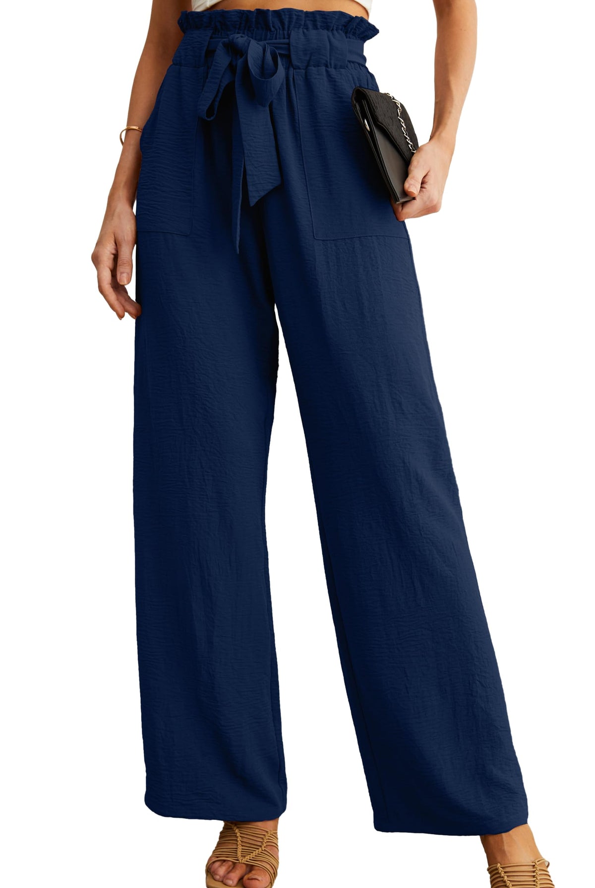 IWOLLENCE Women High Waist Palazzo Pants, Adjustable Knot Ankle Wide Leg Trousers Pockets Beach Vacation Lounge Office